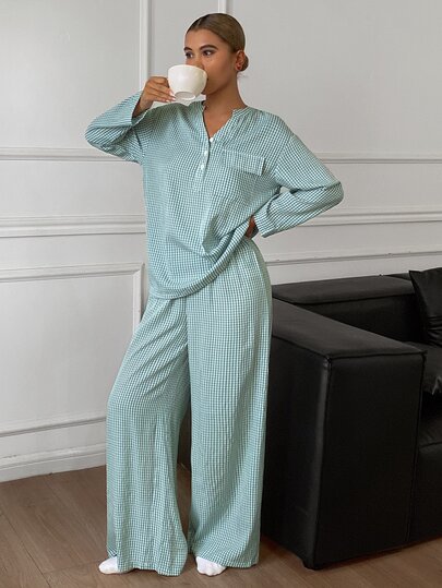 DAZY Autumn/Winter Loose Plaid Pocket Decor Women's Loungewear Set