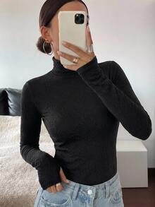 DAZY 女款純色休閒百搭日常穿搭T恤 - 黑色 - 查看 6
