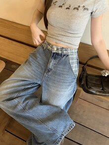 DAZY 女款韓式休閒水洗破洞牛仔長褲校園風 - 藍色 - 查看 7