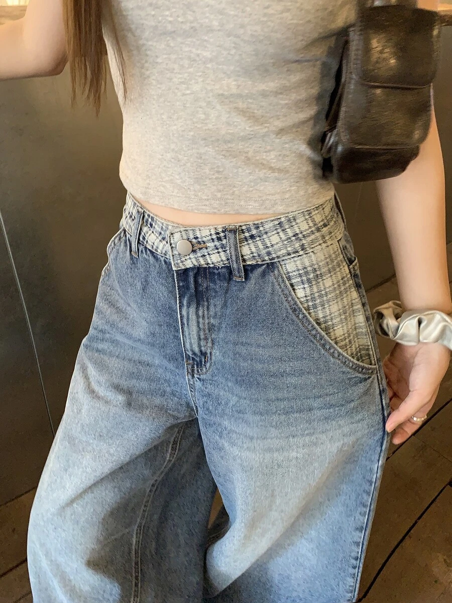 DAZY 女款韓式休閒水洗破洞牛仔長褲校園風 - 藍色 - 查看 1