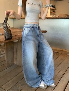 DAZY 女款韓式休閒水洗破洞牛仔長褲校園風 - 藍色 - 查看 8
