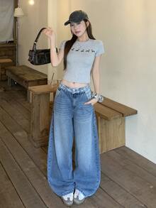 DAZY 女款韓式休閒水洗破洞牛仔長褲校園風 - 藍色 - 查看 3
