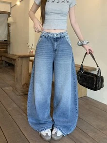 DAZY 女款韓式休閒水洗破洞牛仔長褲校園風 - 藍色 - 查看 5