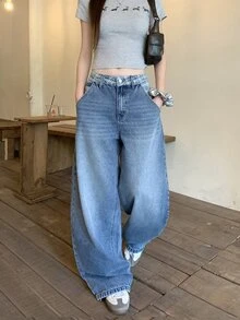 DAZY 女款韓式休閒水洗破洞牛仔長褲校園風 - 藍色 - 查看 4