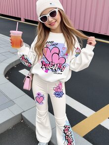 Tween女孩休閒極簡可愛塗鴉愛心圖案，奶油白，圓領落肩長袖衛衣搭配修身寬腿褲2件套，適合秋冬，新風格，Kawaii，舒適秋冬穿搭，開學季 - 彩色 - 查看 2