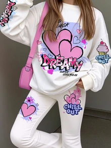 Tween女孩休閒極簡可愛塗鴉愛心圖案，奶油白，圓領落肩長袖衛衣搭配修身寬腿褲2件套，適合秋冬，新風格，Kawaii，舒適秋冬穿搭，開學季 - 彩色 - 查看 6