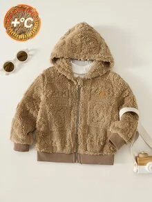 SHEIN 男嬰裝飾編織標籤保暖內裡加厚連帽長袖夾克，秋冬返校服飾 - 棕色 - 查看 4
