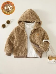 SHEIN 男嬰裝飾編織標籤保暖內裡加厚連帽長袖夾克，秋冬返校服飾 - 棕色 - 查看 3