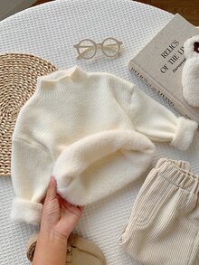 SHEIN 嬰兒男童女童秋冬款毛絨高領套頭毛衣，純色長袖抓絨毛衣，白色可愛兒童毛衣 - 彩色 - 查看 2