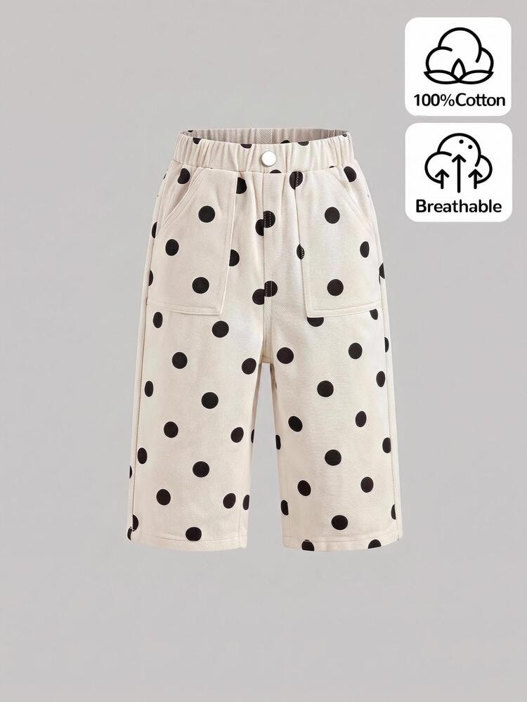 SHEIN Baby Girl Black & White Polka Dot Basic Pocket Elastic Waist Straight Leg Thick Pants, Suitable For Winter - Black and White - View 8