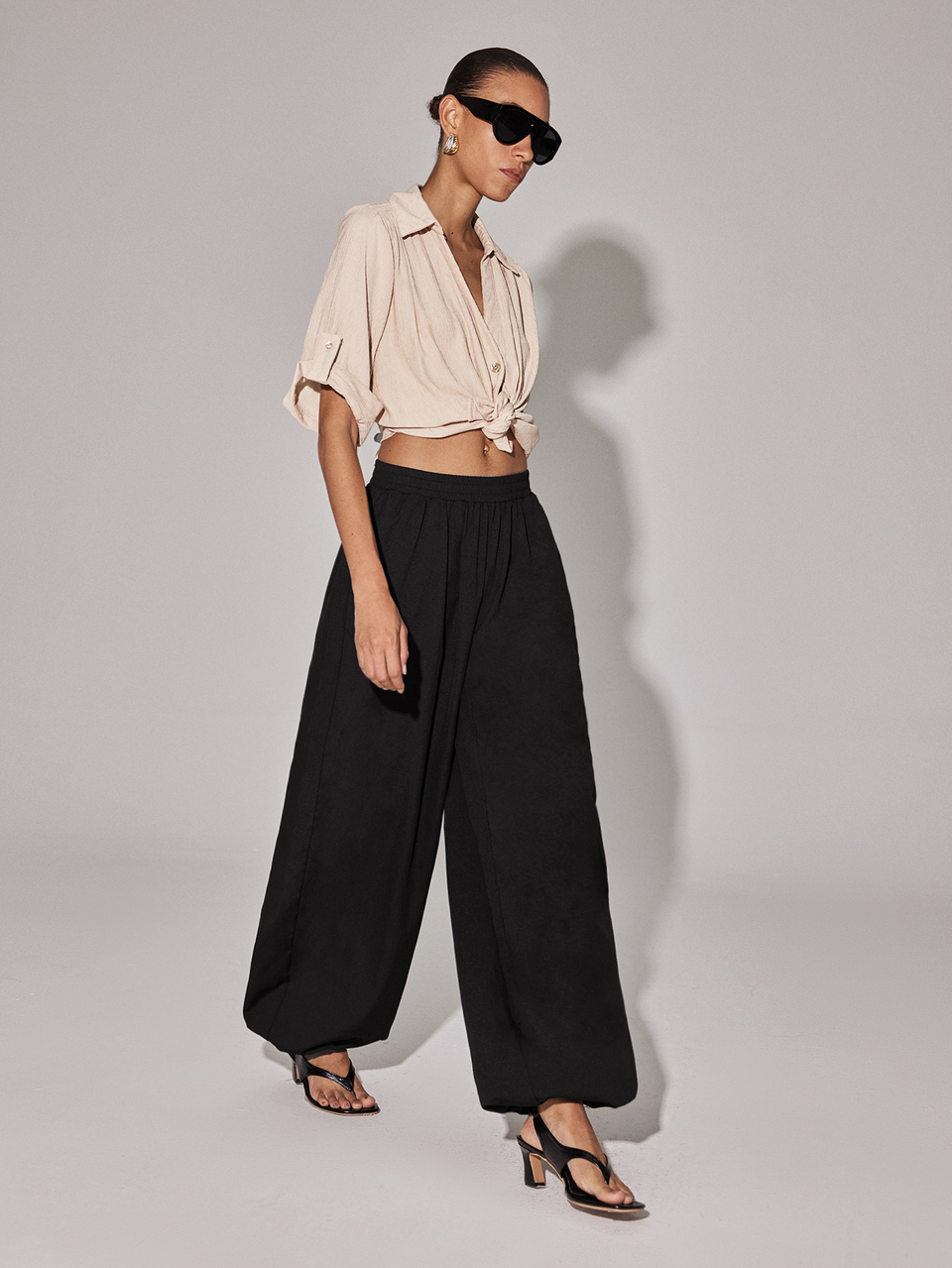 Anewsta Essential Spring/Summer Casual Vacation Outfits Elastic Waist Wide Leg Tapered Linen Textured Lantern Pants Long Pants, Suitable For Daily Wear, Vacations, Commuting