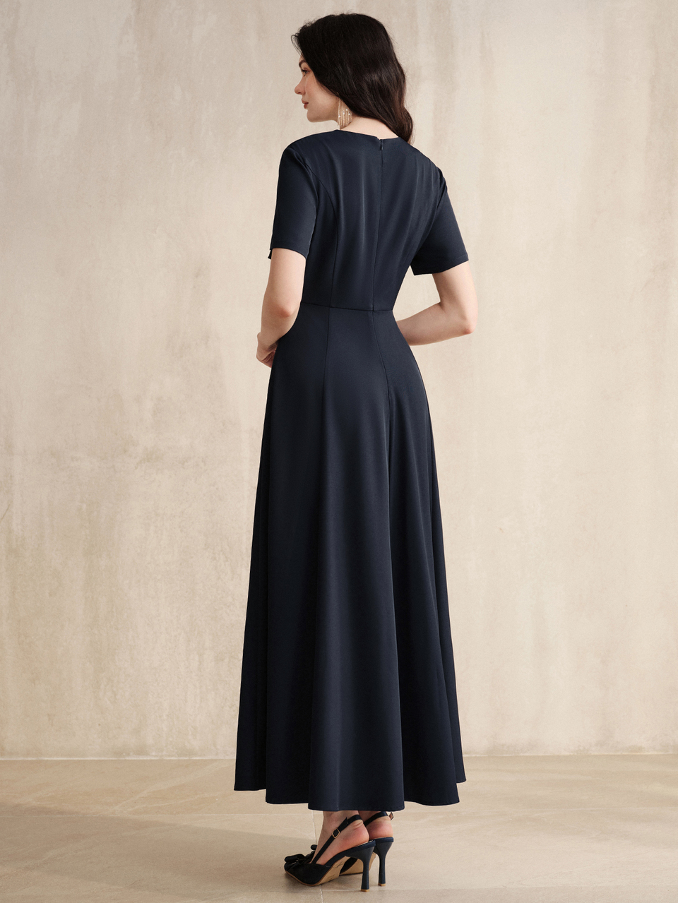 Anewsta Elegant Modern Party Banquet Navy Blue Sequin Applique Decor Round Neck Short Sleeve Waist-Cinching A-Line Long Dress For Women