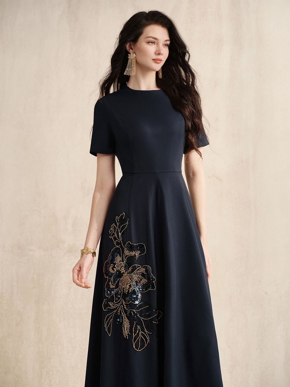 Anewsta Elegant Modern Party Banquet Navy Blue Sequin Applique Decor Round Neck Short Sleeve Waist-Cinching A-Line Long Dress For Women