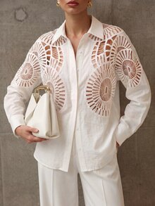 Anewsta Women Soluble Lace Hollow Splice Versatile Collar Button Shirt, Spring/Summer Brunch Vacation White Elegant - White - View 4