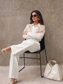 Anewsta Women Soluble Lace Hollow Splice Versatile Collar Button Shirt, Spring/Summer Brunch Vacation White Elegant - White - View 5