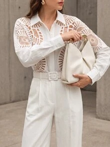 Anewsta Women Soluble Lace Hollow Splice Versatile Collar Button Shirt, Spring/Summer Brunch Vacation White Elegant - White - View 3