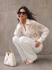Anewsta Women Soluble Lace Hollow Splice Versatile Collar Button Shirt, Spring/Summer Brunch Vacation White Elegant - White - View 1