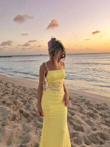 SHEIN MOD 女款蕾絲拼接百褶優雅浪漫收腰派對海灘旅行中長細肩帶洋裝 奶油黃 夏季 - 鵝黃色 - 查看 6