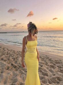 SHEIN MOD 女款蕾絲拼接百褶優雅浪漫收腰派對海灘旅行中長細肩帶洋裝 奶油黃 夏季 - 鵝黃色 - 查看 8
