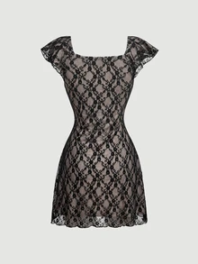 SHEIN MOD Women's Square Neck Colorblock Lace Lined Mini Fashion Casual Sexy Lace Dress Vacation Date Night Blue Summer.Halloween.Back To School. - Black - View 4