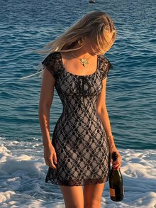 SHEIN MOD Women's Square Neck Colorblock Lace Lined Mini Fashion Casual Sexy Lace Dress Vacation Date Night Blue Summer.Halloween.Back To School. - Black - View 6