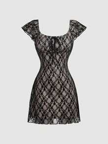 SHEIN MOD Women's Square Neck Colorblock Lace Lined Mini Fashion Casual Sexy Lace Dress Vacation Date Night Blue Summer.Halloween.Back To School. - Black - View 2