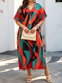 SHEIN LUNE 大尺碼女款度假全印花V領蝙蝠袖寬鬆休閒洋裝，黑色夏季熱帶風 - 彩色 - 查看 5