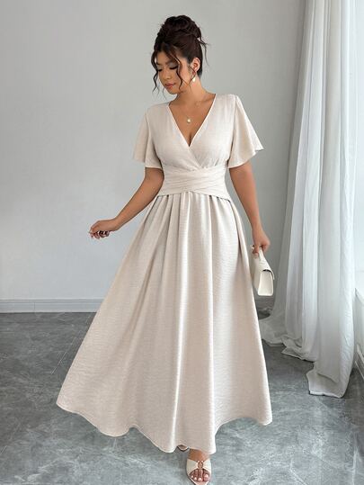 Elenzga Vestido Longo Feminino Plus Size Minimalista com Manga Bufante, Decote Cruzado e Franzido, Silhueta A, para Festa, Encontro, Casual e Trabalho, Primavera, Verão e Outono