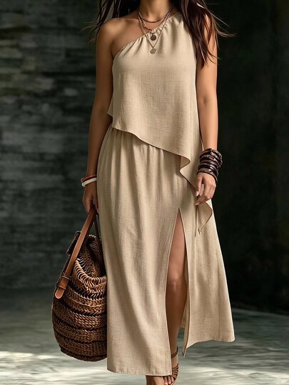 SHEIN LUNE CURVE Plus Size Women Spring/Summer Asymmetric One-Shoulder Cape Top + Slit Long Skirt Abaya Elegant Normal Western 2 Pieces Set Party Vacation Beige