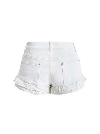 Frühling/Sommer Kawaii doppellagige Rüschensaum elastische weiße Damen-Jeans-Shorts, Basic Alltagskleidung, geeignet für Schulanfang, Valentinstag, Urlaub, Hauskleidung