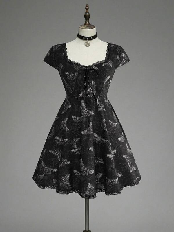 ROMWE Gothic Moth Butterfly Dark Pattern Print Lace Trim Tie Design Women's Short Dress