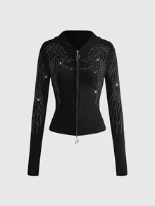 ACID BLVD Summer Autumn Winter Punk Street Casual Rhinestone Wing Fitted Short Hooded T-Shirt - Black - View 2