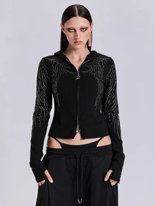 ACID BLVD Summer Autumn Winter Punk Street Casual Rhinestone Wing Fitted Short Hooded T-Shirt - Black - View 12