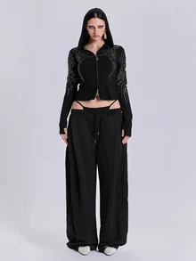 ACID BLVD Summer Autumn Winter Punk Street Casual Rhinestone Wing Fitted Short Hooded T-Shirt - Black - View 10