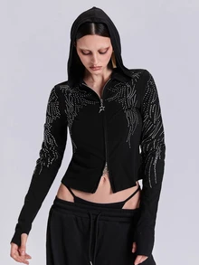 ACID BLVD Summer Autumn Winter Punk Street Casual Rhinestone Wing Fitted Short Hooded T-Shirt - Black - View 9