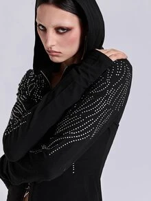 ACID BLVD Summer Autumn Winter Punk Street Casual Rhinestone Wing Fitted Short Hooded T-Shirt - Black - View 5