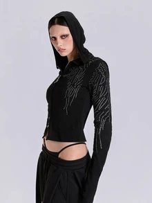 ACID BLVD Summer Autumn Winter Punk Street Casual Rhinestone Wing Fitted Short Hooded T-Shirt - Black - View 7