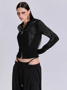ACID BLVD Summer Autumn Winter Punk Street Casual Rhinestone Wing Fitted Short Hooded T-Shirt - Black - View 11