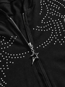 ACID BLVD Summer Autumn Winter Punk Street Casual Rhinestone Wing Fitted Short Hooded T-Shirt - Black - View 13