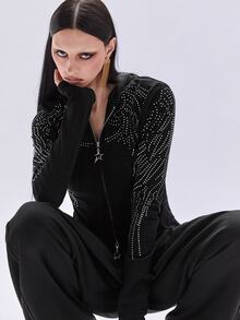ACID BLVD Summer Autumn Winter Punk Street Casual Rhinestone Wing Fitted Short Hooded T-Shirt - Black - View 6