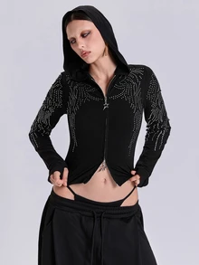 ACID BLVD Summer Autumn Winter Punk Street Casual Rhinestone Wing Fitted Short Hooded T-Shirt - Black - View 1