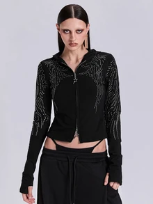 ACID BLVD Summer Autumn Winter Punk Street Casual Rhinestone Wing Fitted Short Hooded T-Shirt - Black - View 3