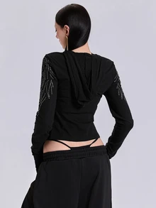 ACID BLVD Summer Autumn Winter Punk Street Casual Rhinestone Wing Fitted Short Hooded T-Shirt - Black - View 4