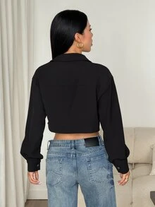 SHEIN PETITE Spring Dropped Shoulder Lapel Detail Short Corduroy Black Jacket, Autumn/Winter Everyday Day Time Going Out Street Casual - Black - View 2