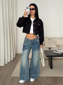 SHEIN PETITE Spring Dropped Shoulder Lapel Detail Short Corduroy Black Jacket, Autumn/Winter Everyday Day Time Going Out Street Casual - Black - View 5