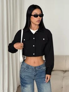 SHEIN PETITE Spring Dropped Shoulder Lapel Detail Short Corduroy Black Jacket, Autumn/Winter Everyday Day Time Going Out Street Casual - Black - View 6