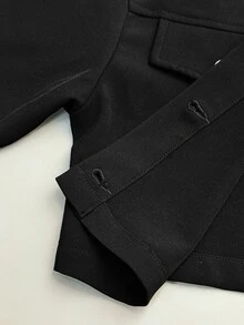 SHEIN PETITE Spring Dropped Shoulder Lapel Detail Short Corduroy Black Jacket, Autumn/Winter Everyday Day Time Going Out Street Casual - Black - View 7