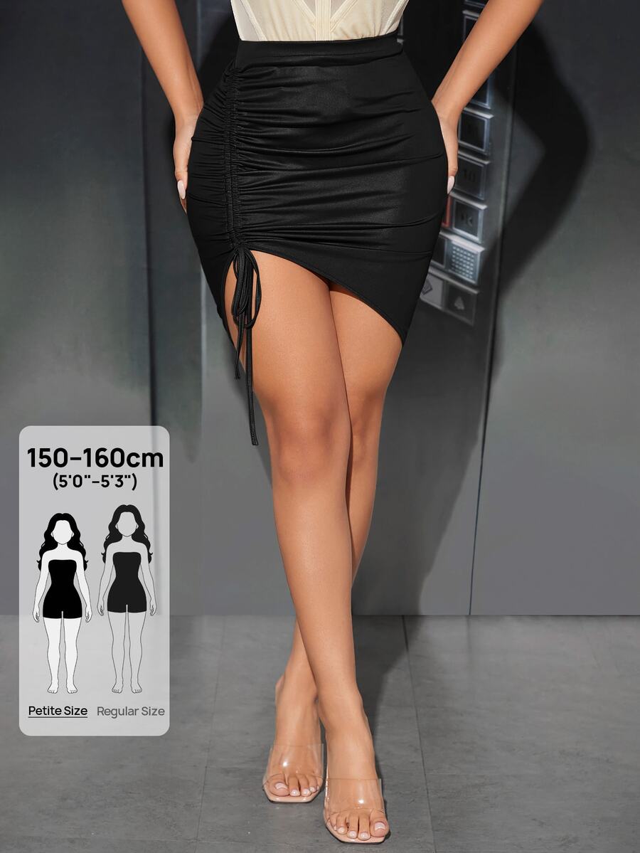SHEIN PETITE Drawstring Ruched Bodycon Skirt ,Petite Women - Black - View 1