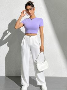 SHEIN PETITE 小碼女款職場純色寬腿長褲 - 白色 - 查看 5