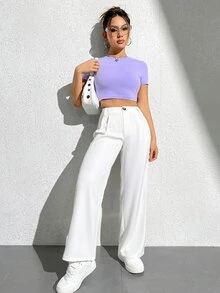 SHEIN PETITE 小碼女款職場純色寬腿長褲 - 白色 - 查看 7